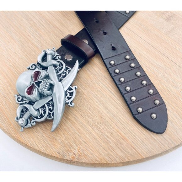 Jeans Friends Belt Womens S Black Full Grain Leather Silver Skull Buckle Pirate - Picture 2 of 10